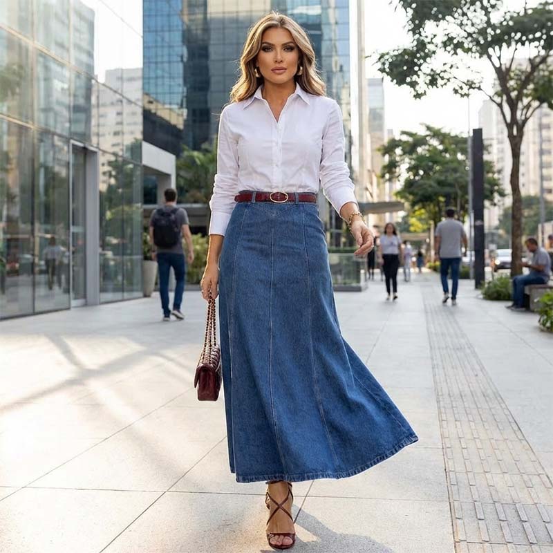 Women's High-Waist A-Line Denim Maxi Skirt💞
