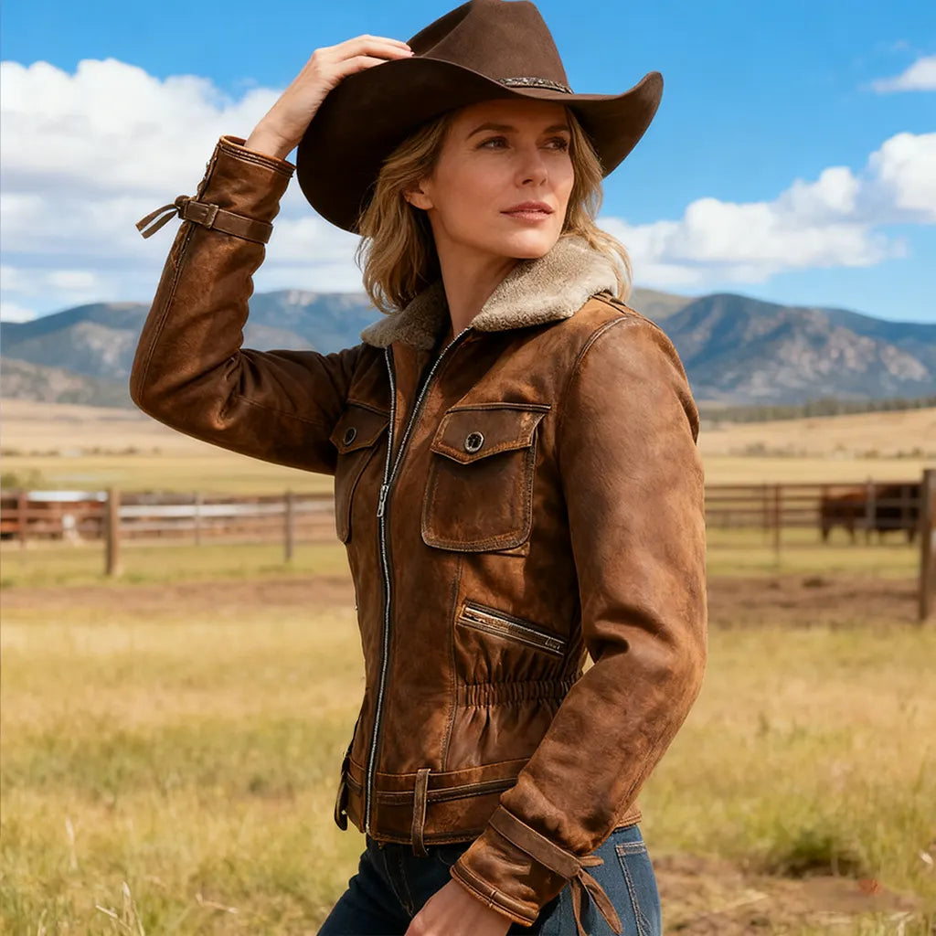 Women's Vintage Brown Leather Suede Jacket With Fleece Lining