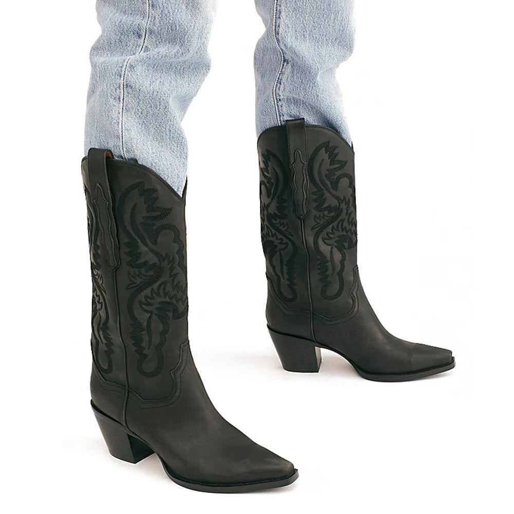Women's Embroidered Pointed Toe Thick Heel Western Boots