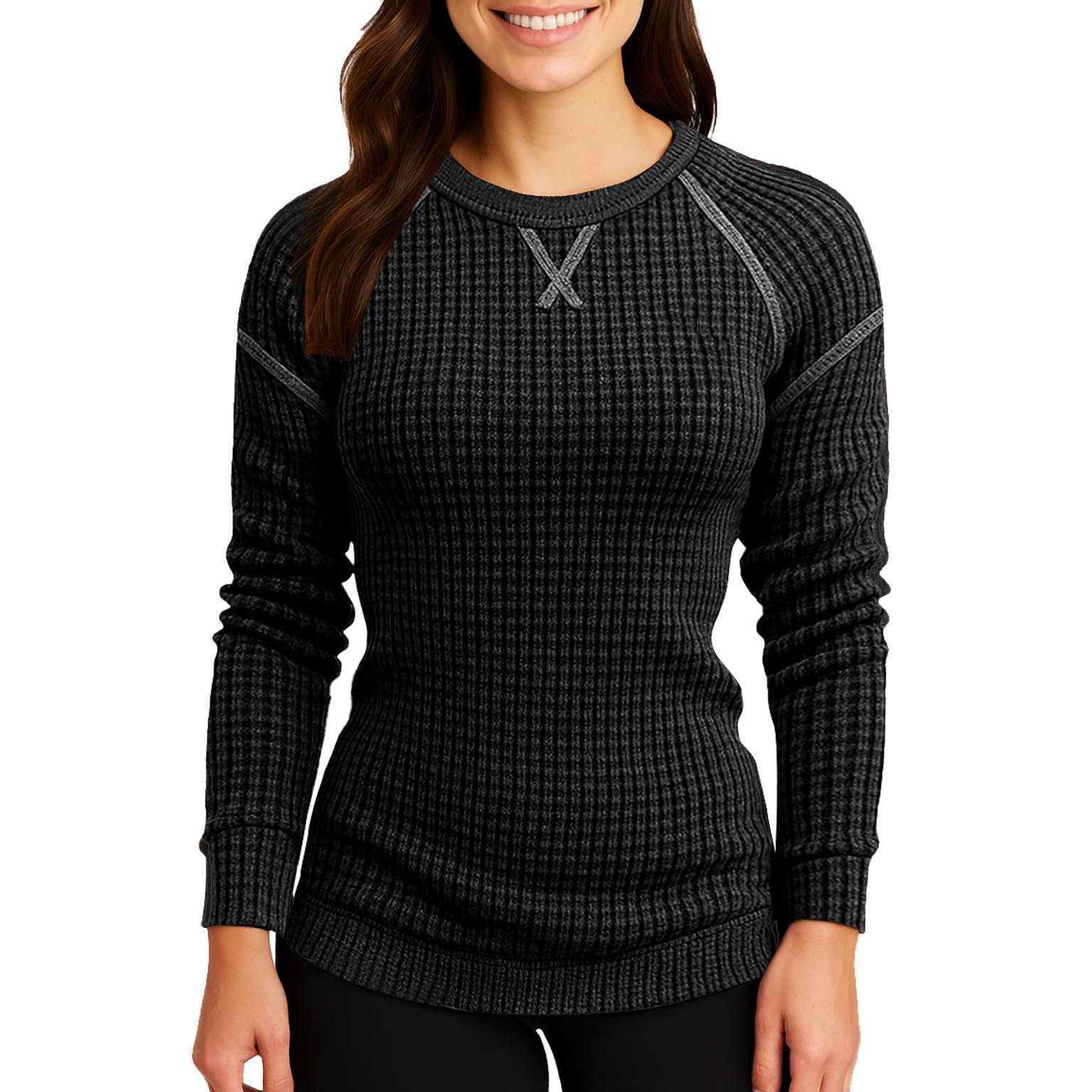 Women's Vintage Black Waffle Knit Crewneck Long Sleeve Sweatshirt