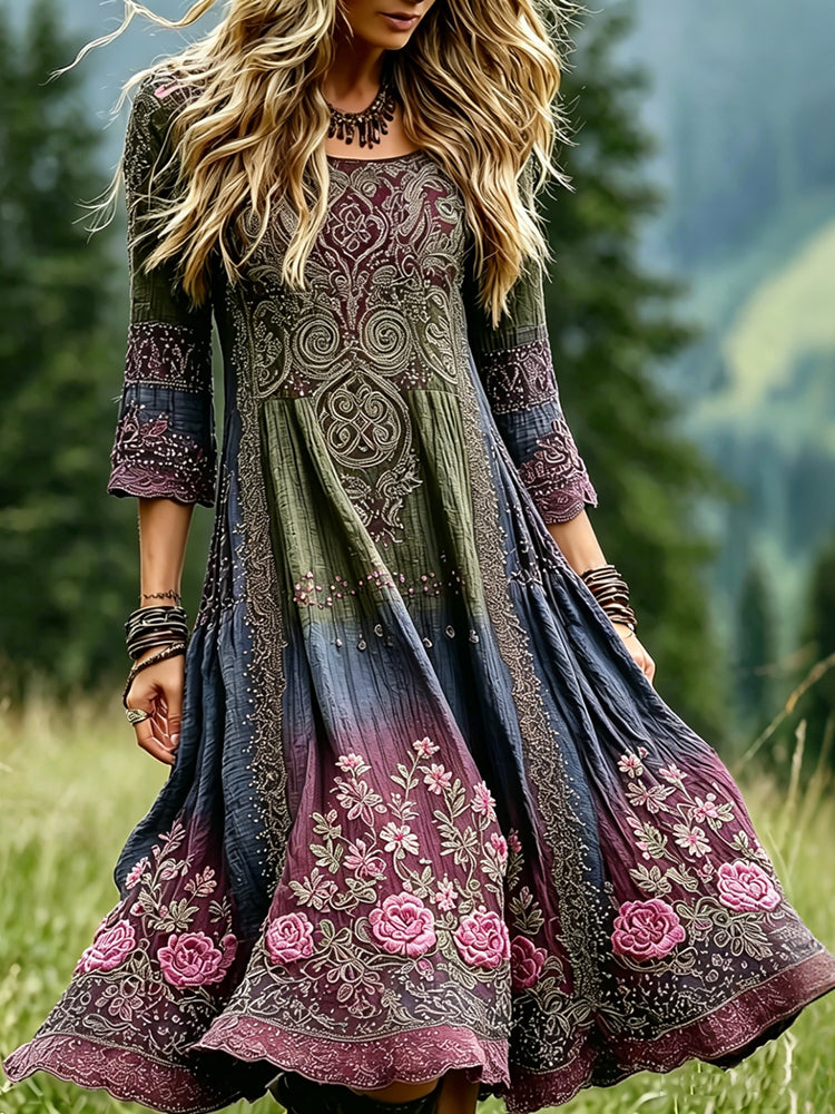 Women's Vintage Romantic Celtic Knot With Floral Art Linen Blend Three-quarter Sleeve Maxi Dress