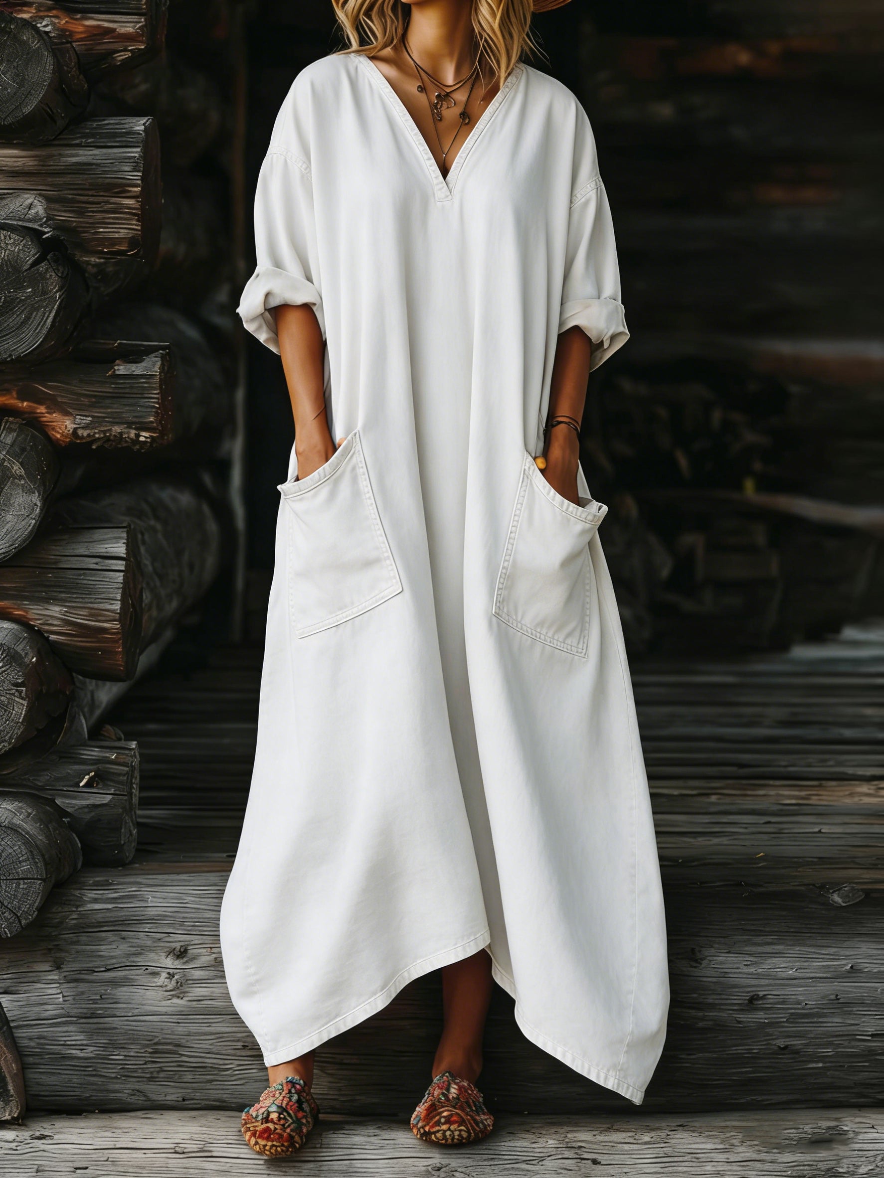 Women's Casual Long-sleeved V-neck Washed Cotton Denim Dress