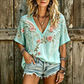 Retro Floral Wing Print V-neck T-shirt
