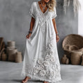 Women's Vintage White Rose Floral Art Linen Blend V Neck Maxi Dress