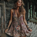 Women's Boho Floral Art V Neck Comfy Sleeveless Midi Dress