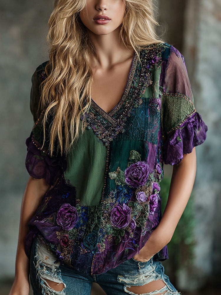 Women's Vintage Floral Lace Art Color Blocking Pattern Casual V Neck T-shirt