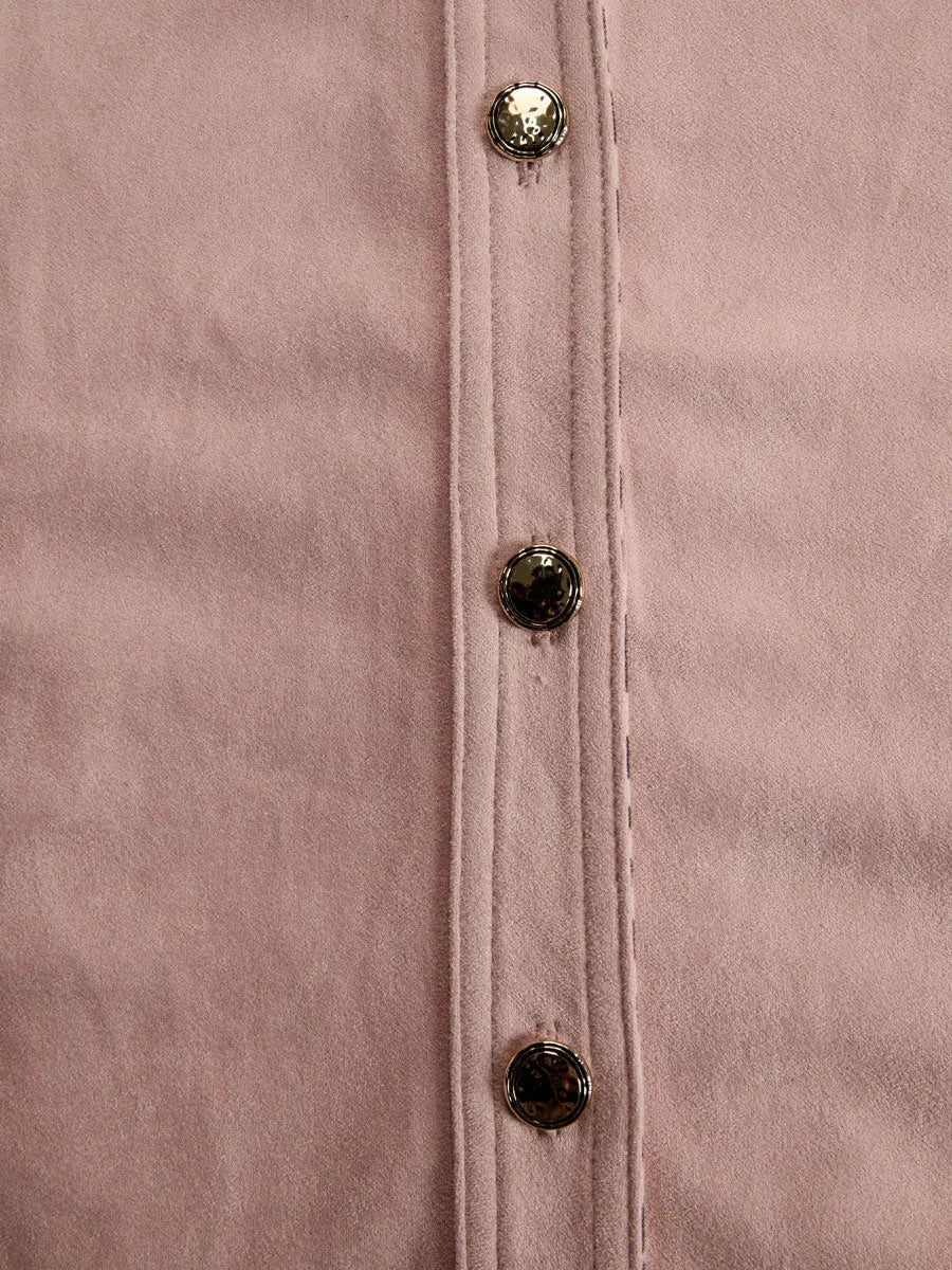 Western Retro Leopard Print Pink Faux Suede Long-Sleeve Shirt