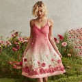 Pink Rose Embroidered Gradient Linen Suspender Dress