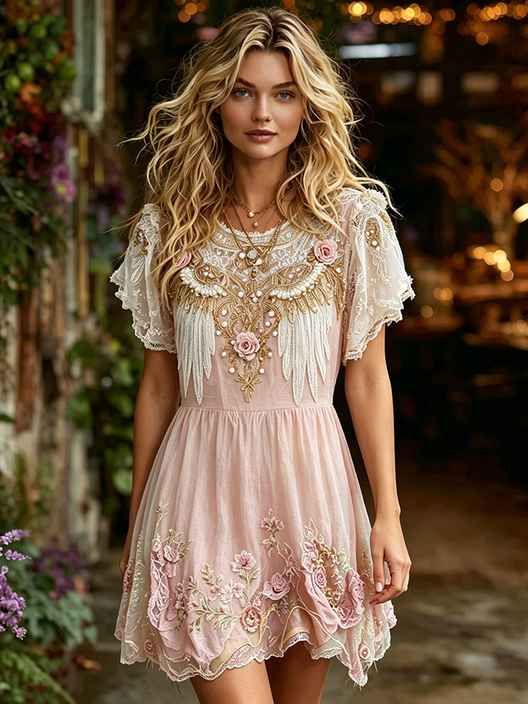 Women's Retro Viking Celtic Knot Wings And Floral Pattern Casual Dress