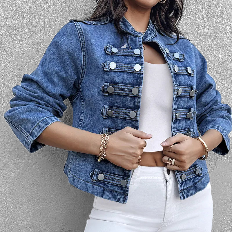 Women's Stand Collar Long Sleeve Metal Buttons Denim Jacket