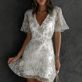 Women's Floral Art Embroidery Casual Linen Blend V-neck Mini Dress