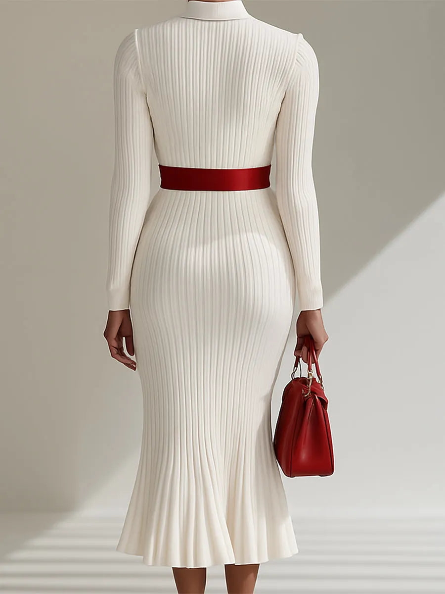 銆�24-hour shipping out銆慦hite Wool Lapel Button Design Maxi Dress