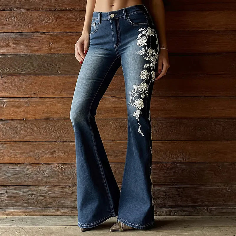 Vintage Bohemian Rose Embroidered Washed Flared Jeans