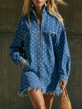 Casual Retro Polka Dot Blue Denim Frayed Long-sleeved Mini Dress