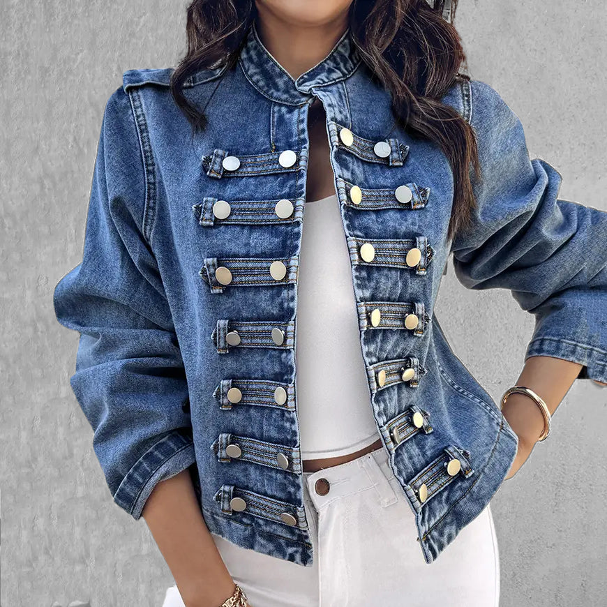 Women's Stand Collar Long Sleeve Metal Buttons Denim Jacket