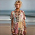 Women's Vintage Floral Pink Ribbon Art Linen V-neck T-shirt