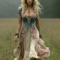 Women's Vintage Rose Art Gradient Print Flowy Linen Blend Casual Short Sleeve Maxi Dress