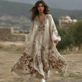 Women's Floral Embroidered Linen Long-sleeved Dress