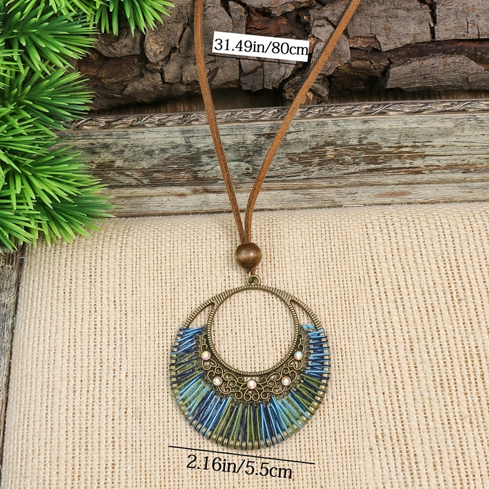 Women's Bohemian Woven Mixed Color Large Circle Pendant Necklace
