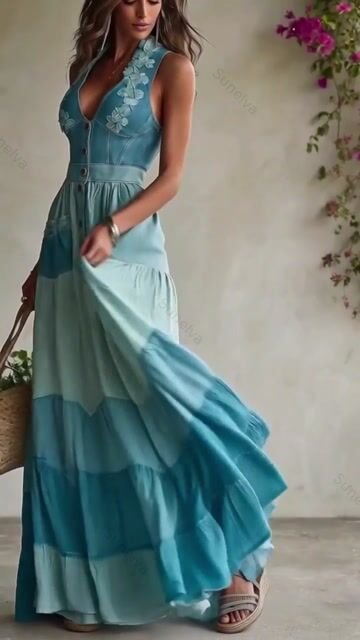 Women's Summer Elegant Floral Embroidered Patchwork Linen Dress 8742