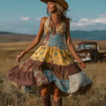 Retro Plant Flower Pattern Color Block Design Dress