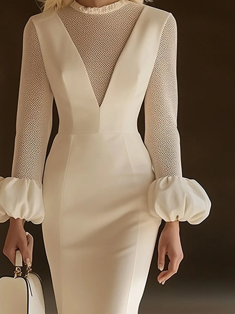 銆�24-hour shipping out銆慐legant Classic Splicing Mesh Puff Sleeve Midi Dress