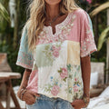 Women's Boho Floral Patchwork V Neck Linen Blend Shirt