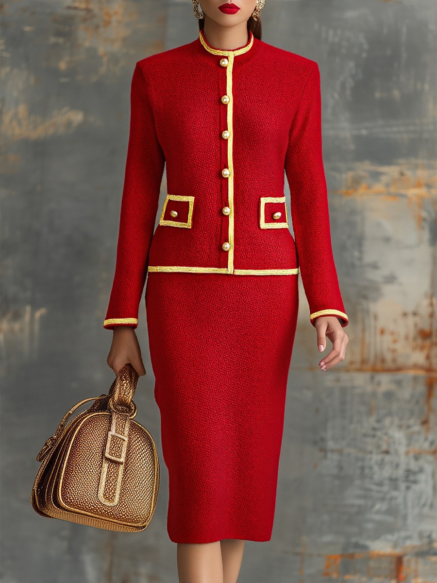 Retro Elegant Knitted Cardigan And Hip Skirt Two-piece Set