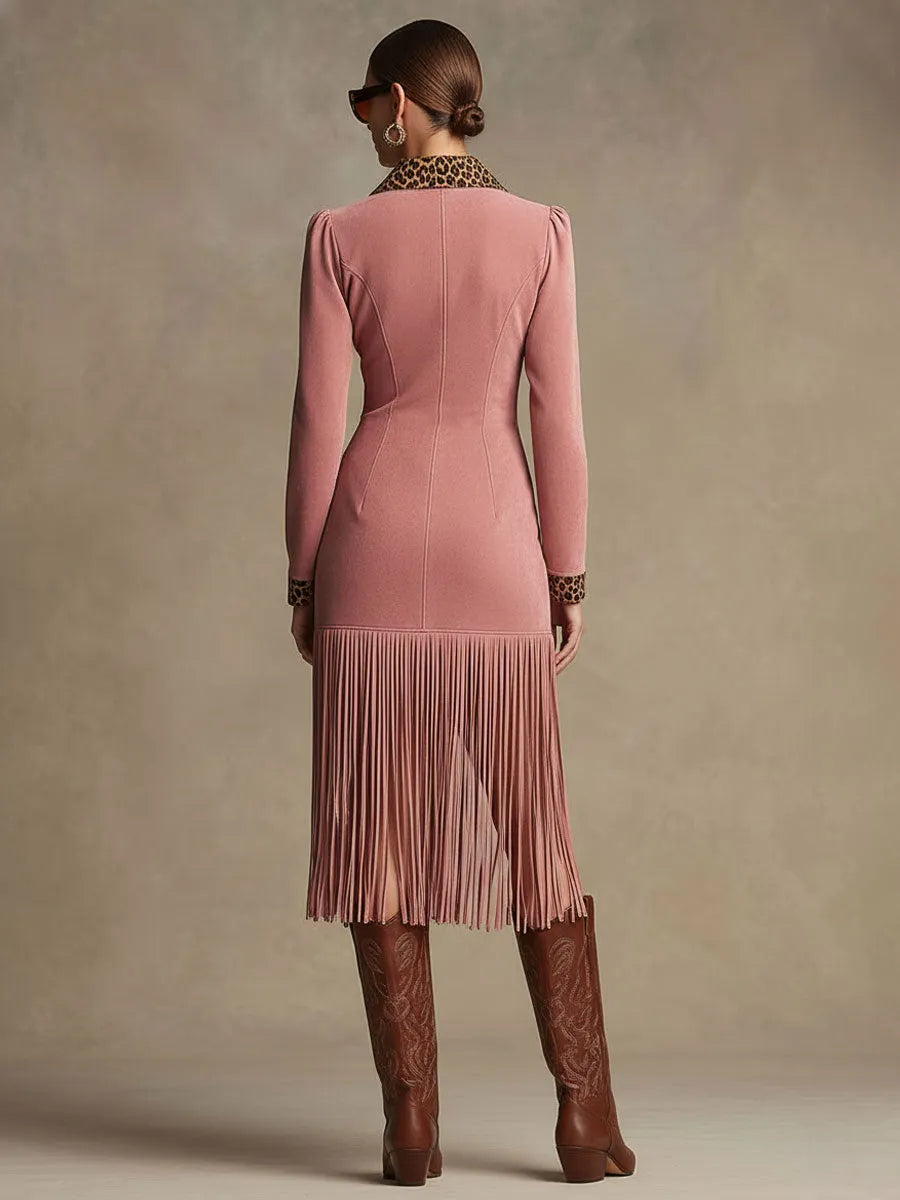 Western Retro Leopard Print Pink Faux Suede Zipper Tassel Midi Dress