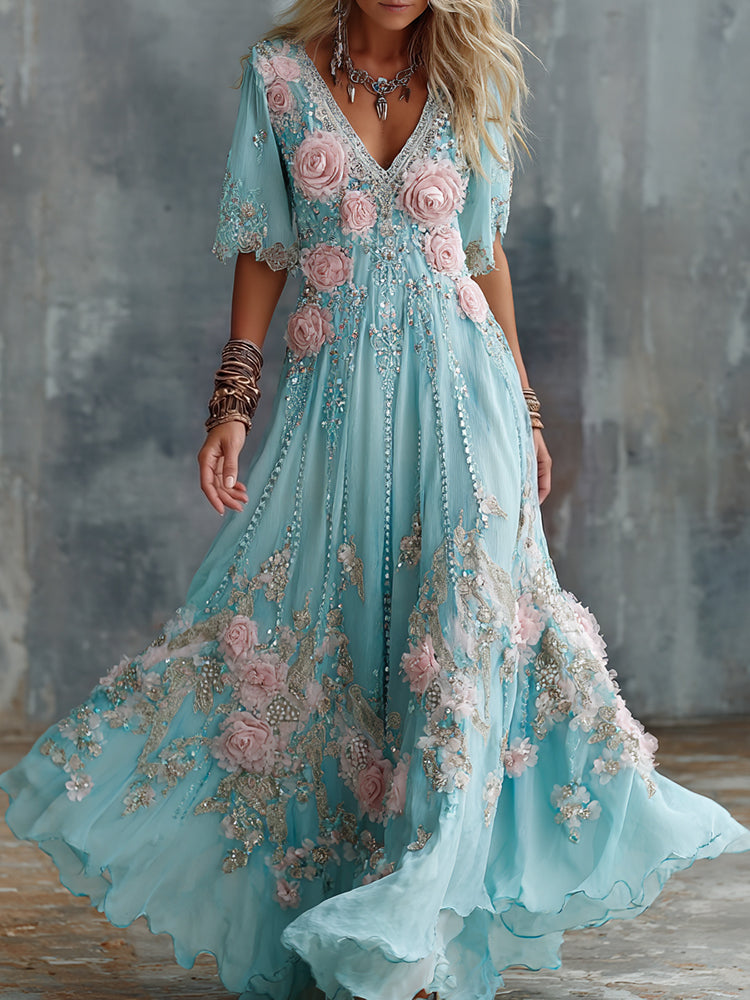 Women's Vintage Rose Floral Art Linen Blend V Neck Maxi Dress