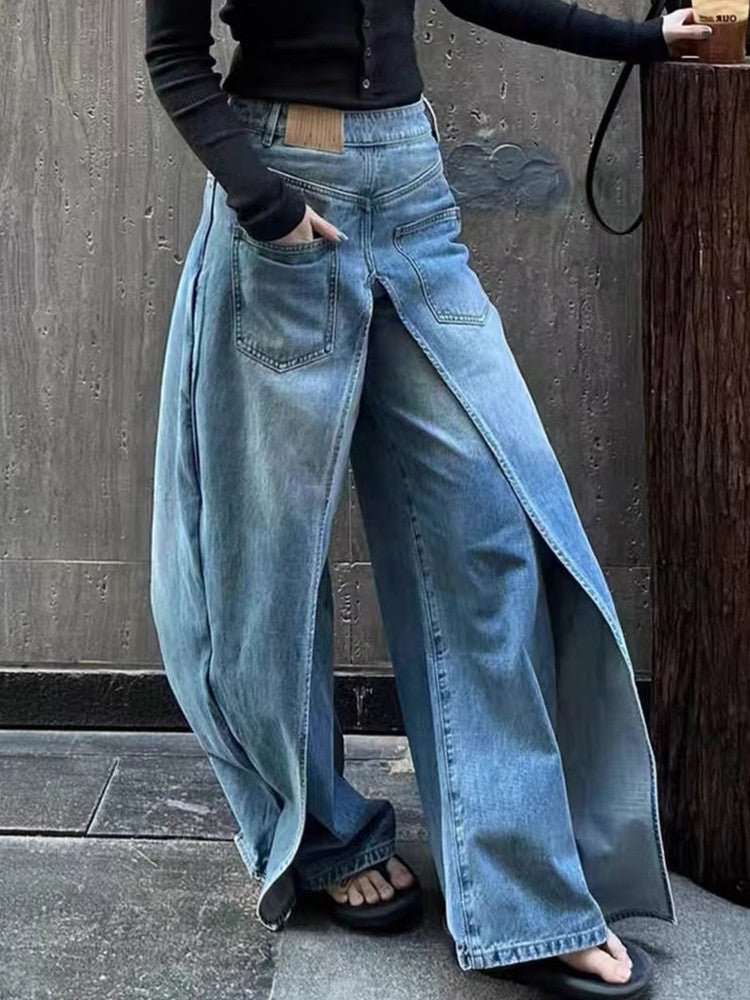 Front And Back Wear Washed Loose Wide Leg Jeans