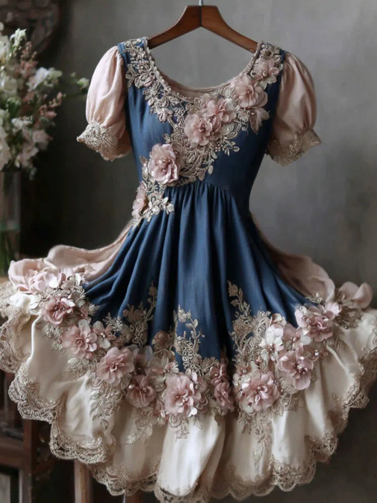 Women's Vintage Floral Embroidery Color Block Short-sleeve Long Dress