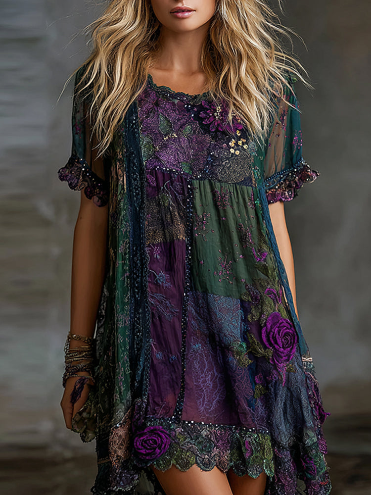 Women's Vintage Floral Art Linen Blend Short Sleeve Dress