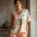 Women's Tree Of Life Pattern Linen V-neck T-shirt