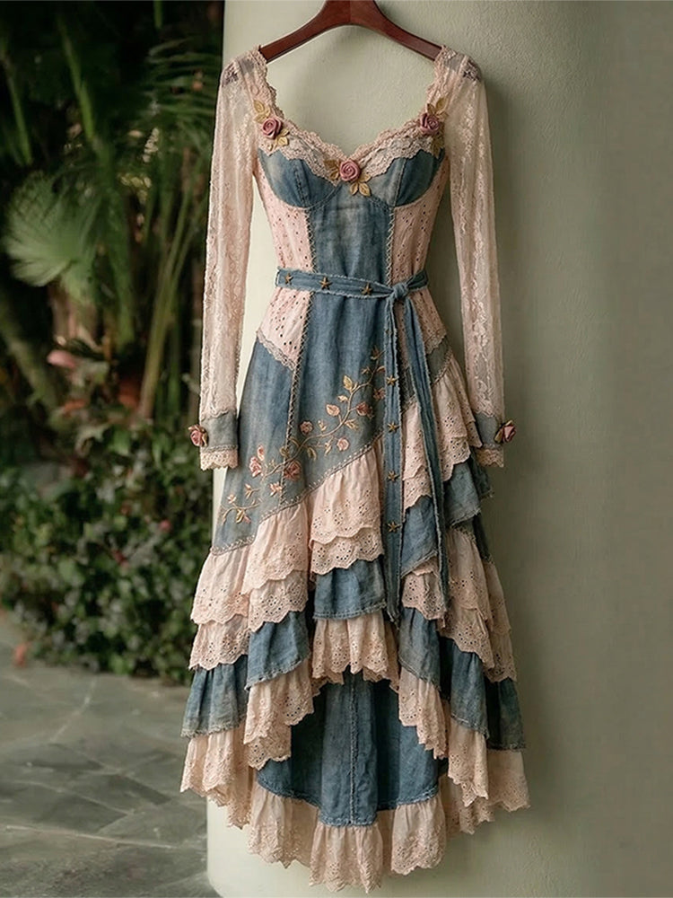 Women's Vintage Spring Flowers Embroidery Patchwork V Neck Irregular Ruffle Midi Dress