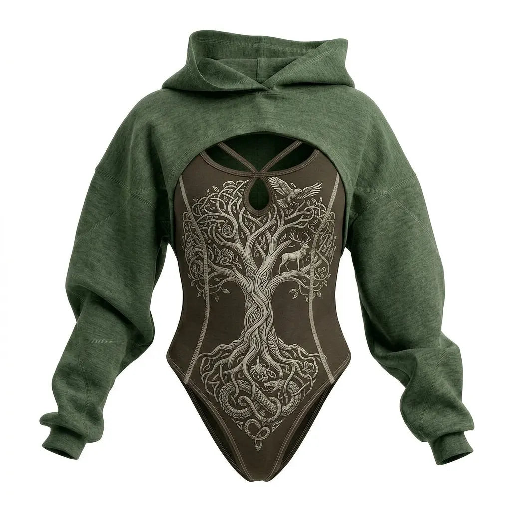 Viking Print Fitted Hooded Jumpsuit & Hoodie Two-Piece Set