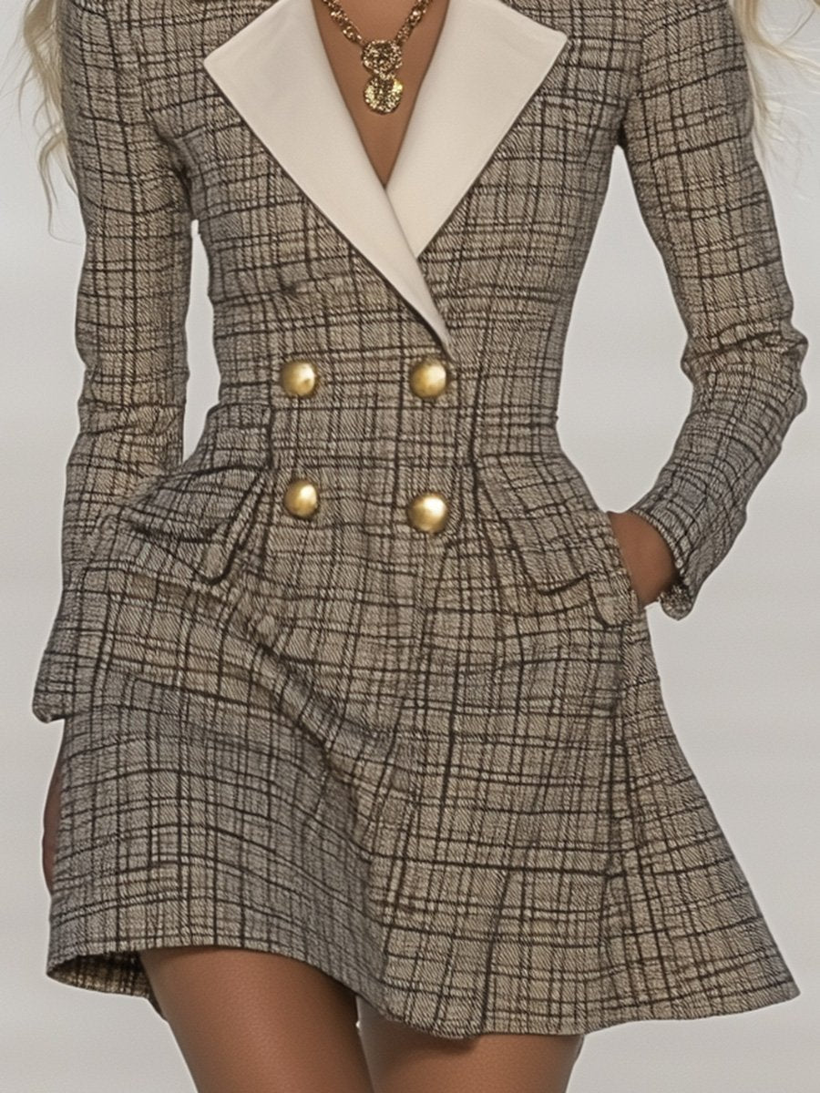 銆�24-hour shipping out銆慍lassic and Fashionable Contrast Lapel Plaid Mini Dress