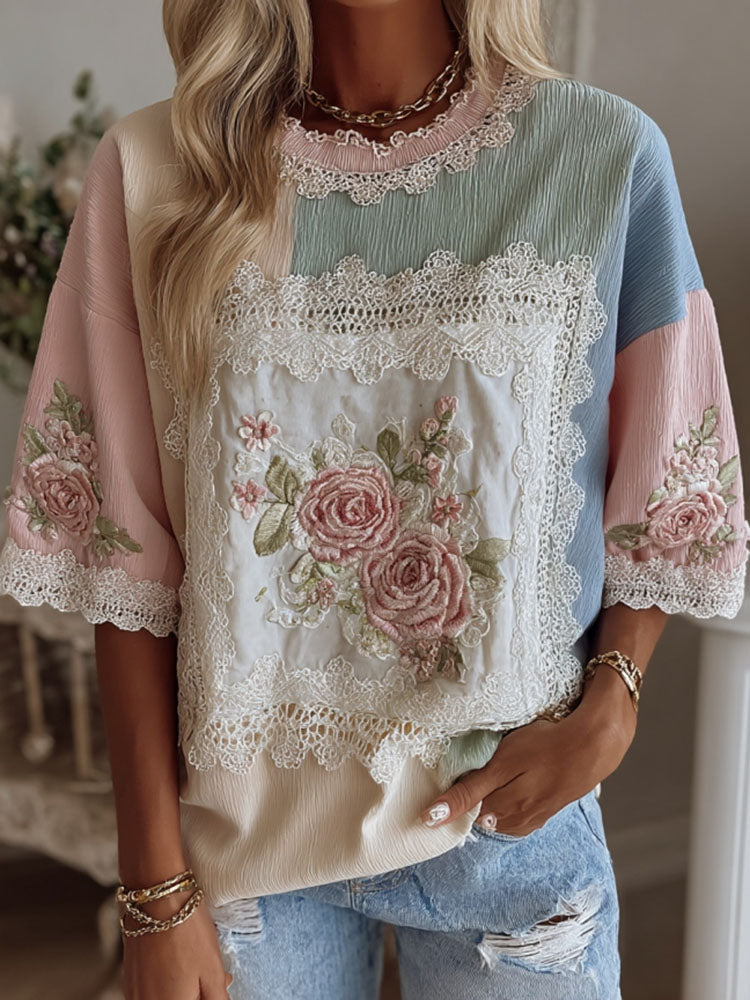 Women's Retro Flower Embroidery Art Patchwork Crew Neck Short Sleeve T-shirt