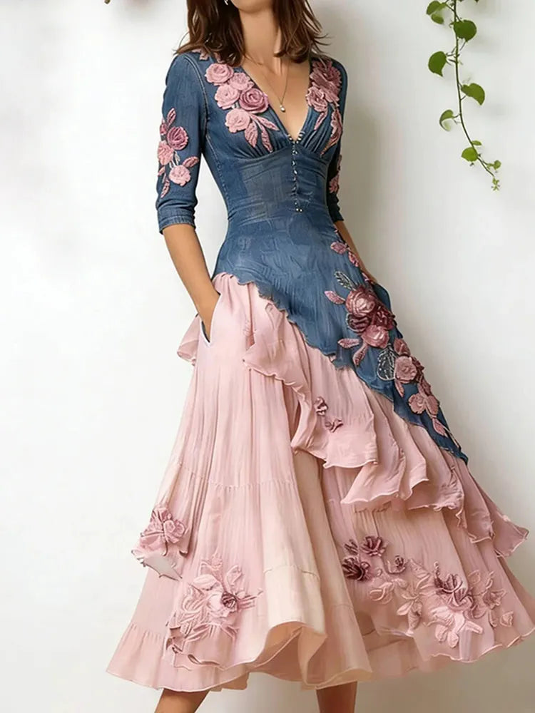 Women's Elegant Floral Embroidered Patchwork Art Midi Dress