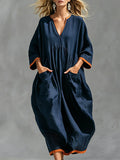 Casual Retro Color-blocked Trim Blue Long-sleeved V-neck Cotton Linen Midi Dress