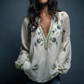 Women's Bohe Floral Embroidered Art Print Flowy Linen Blend Casual Tops