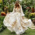 Women's Vintage Floral Appliqu¨¦ Linen Blend V-neck Maxi Dress