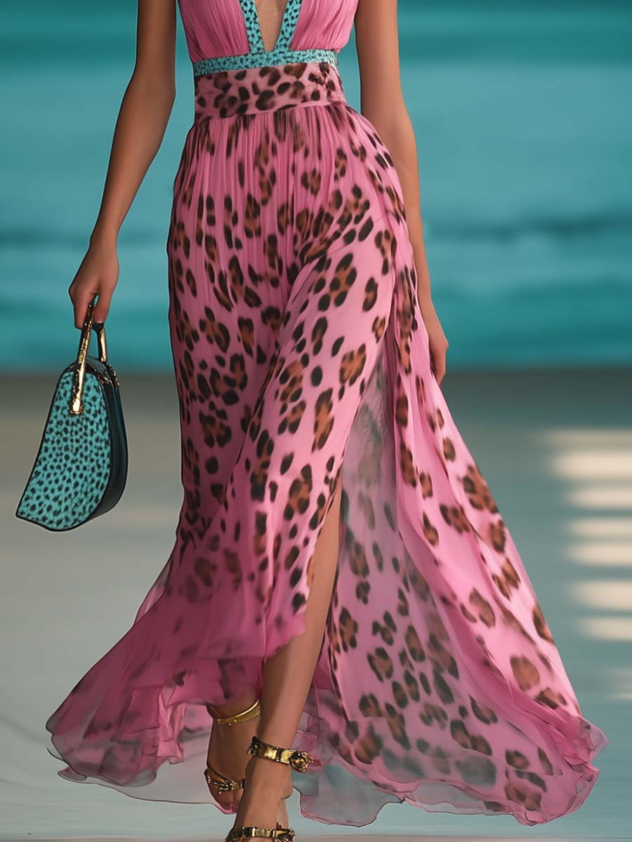 銆�24-hour shipping out銆慠etro Fashion Contrast Color V-Neck Leopard Print Pink Chiffon Slit Maxi Dress