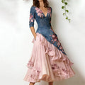 Women's Elegant Floral Embroidered Patchwork Art Midi Dress
