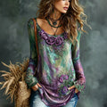 Women's Romantic Floral Art Linen Blend Long Sleeve Tops