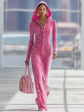 Sporty Zip-up Hooded Leopard-print Velvet Maxi Dress