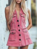 銆�24-hour shipping out銆慍hic Pink Denim Button Front Sleeveless Mini Dress