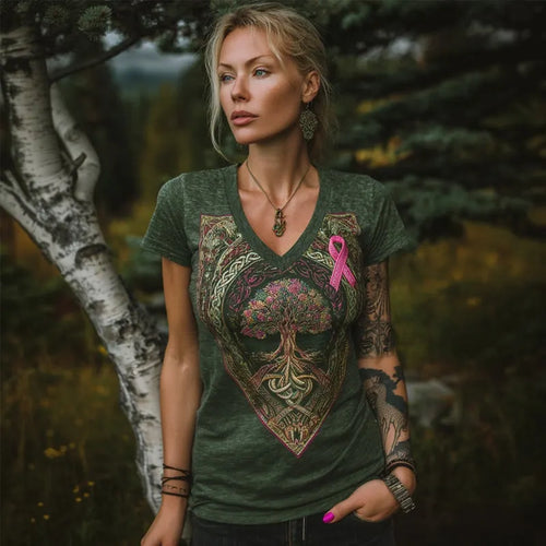 Celtic Tree Of Life & Pink Ribbon Embroidered Comfy T Shirt