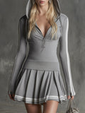 Stylish Sporty Side Stripes Grey Hooded Stretch-cotton Long-sleeve Mini Dress