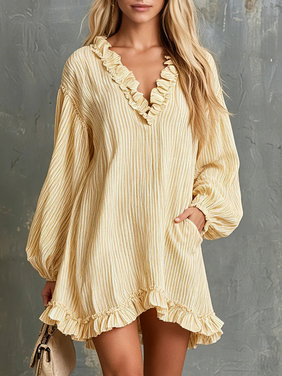 Retro Casual Yellow Striped Ruffled V-neck Long-sleeved Cotton Linen Mini Dress